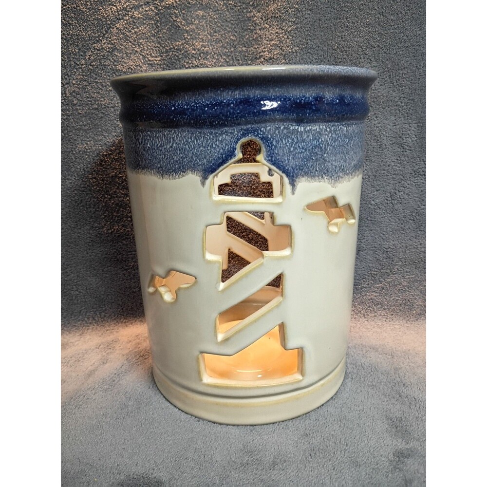 Retired Yankee Candle Lighthouse Ceramic Candle Holder Set Coastal Nautical Blue - Picture 2 of 16
